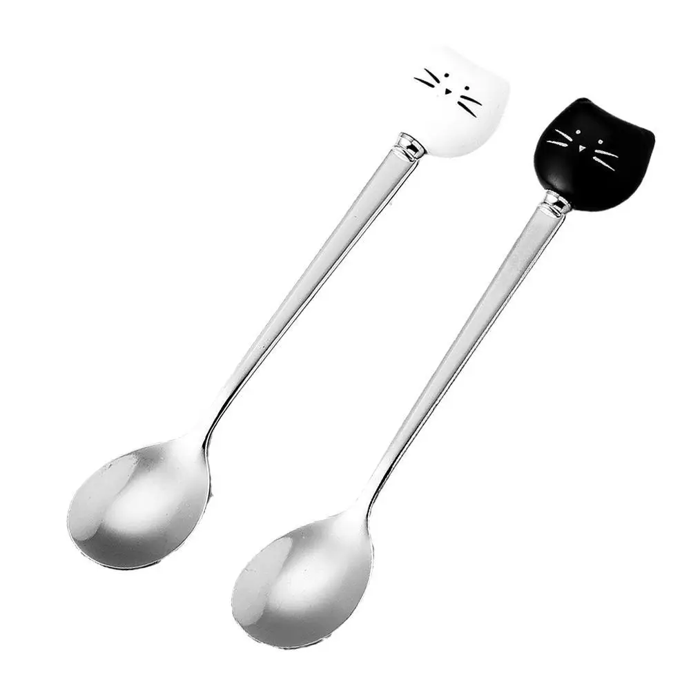 

New Cat Ceramic Dessert Spoon Ice Cream Cute Cartoon Spoon Stainless Steel Coffee Spoon Flatware Kitchen Tool