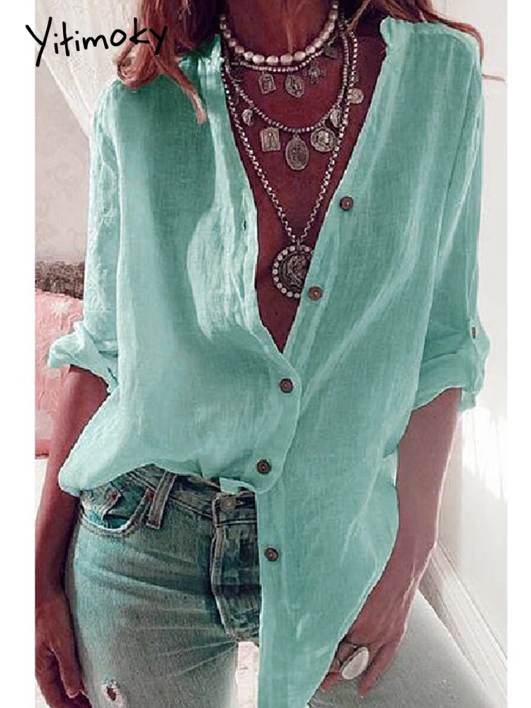 

S-5XL Button Up Shirts Women Oversized Summer Autumn Cotton Linen Blouses Fashion White Casual Loose Solid Rollable Sleeve Tops