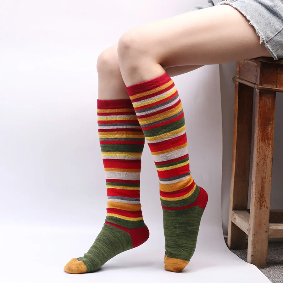

Autumn Winter Women's Cotton Knee-High Socks Colorful Striped Halloween Stocking Warm School Girls Long Dress Sock Free Shipping