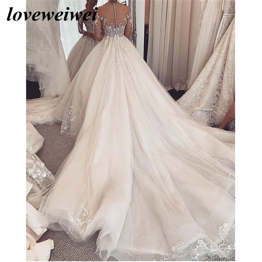 Фото Очаровательное кружевное свадебное платье Loveweiwei Robe De Mariee, прозрачное свадебное платье с длинными рукавами, индивидуальное изготовление, иллюзия, трапециевидные свадебные платья №4