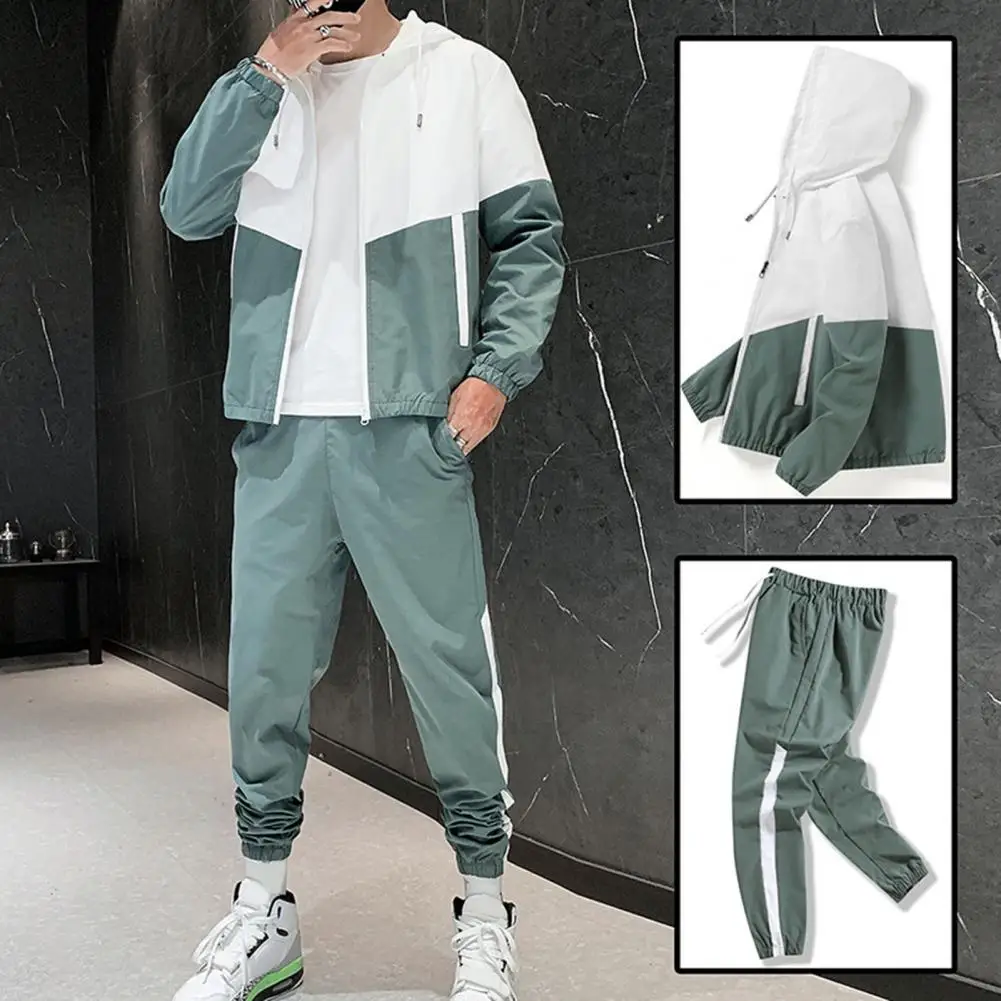 

Fashionable Coat Pants Set Colorful Men's Sportswear Set with Hooded Zipper Coat Elastic Waist Sweatpants for Spring Autumn