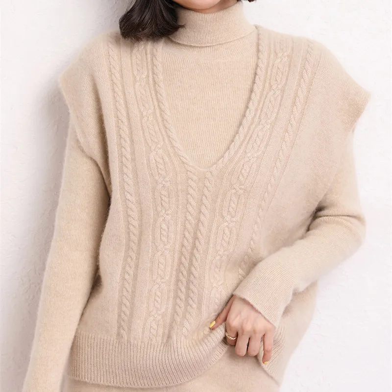 2022 Autumn Winter Women's Vest 100% Cashmere Knitted Sweater Loose Waistcoat Female V-Neck Solid Color Pullover Sleeveless Tops