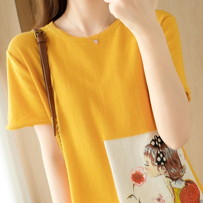 

Size M-XXL New Summer Ladies T-Shirt Rolled O-Neck Knit Short Sleeve Solid Color Soft Comfortable Cotton Top T-Shirt Pullover
