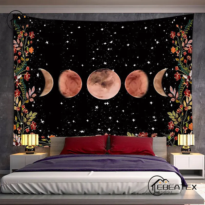 

Moonlight Garden Tapestry Moon Phase and Flower Vine Tapestries Black Background Flower Moth Tapestry Wall Hanging Room Decor