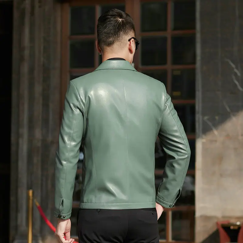 Мужская кожаная куртка с коротким отворотом коричневая Повседневная Деловая из