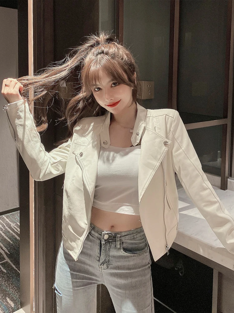 Fashion Coat Short PU Leather Long Sleeve Pu Leather Skinny Slim Jacket Top Women's Loose Cardigan Women's Autumn