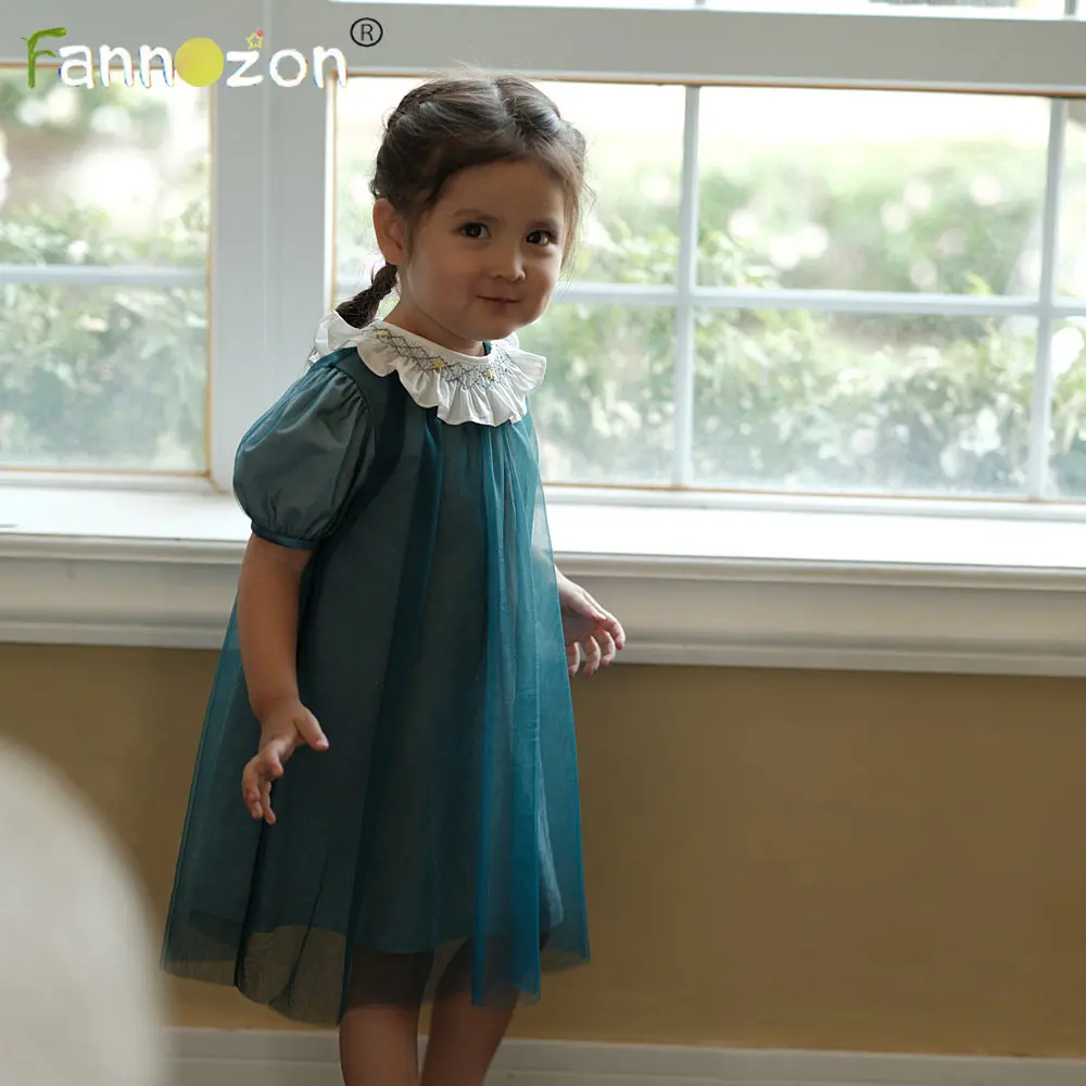 

Mesh Cotton Smocking Hand Embroidery Fashion New In Baby Kids Clothes Girls Dresses Skirt Children Clothing Summer Dress