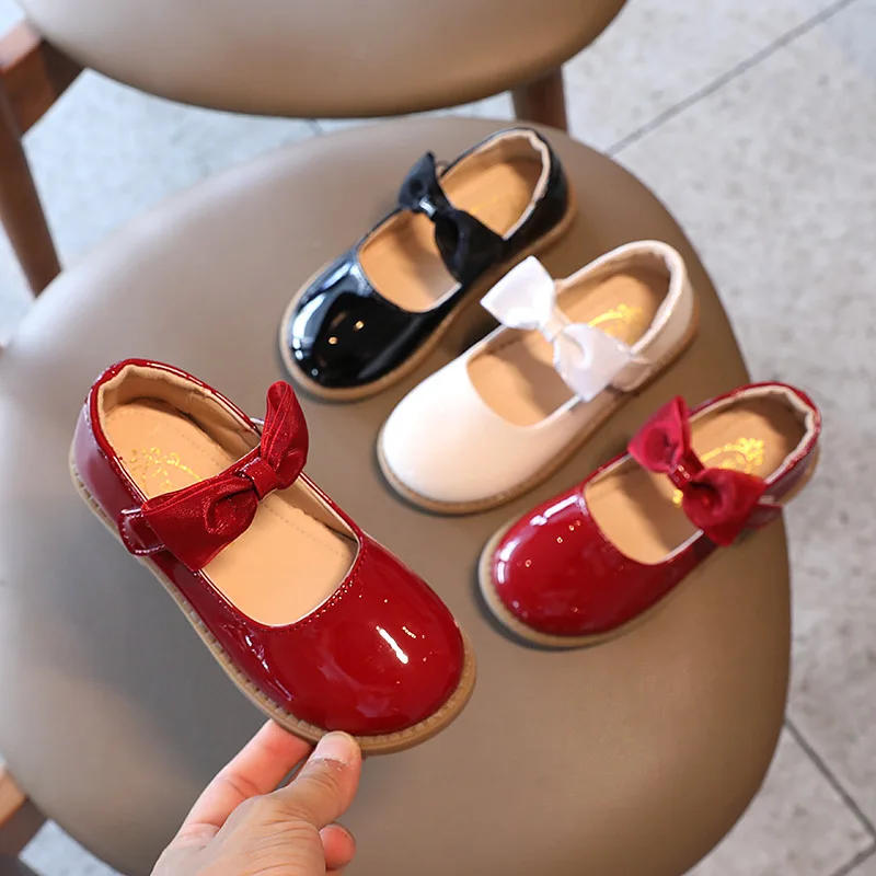 

Kids Princess Shoes 2022 Spring Autumn New Children Small Leather Shoes Shallow Black Claret Beige Bow Tie Leather Shoes Summer