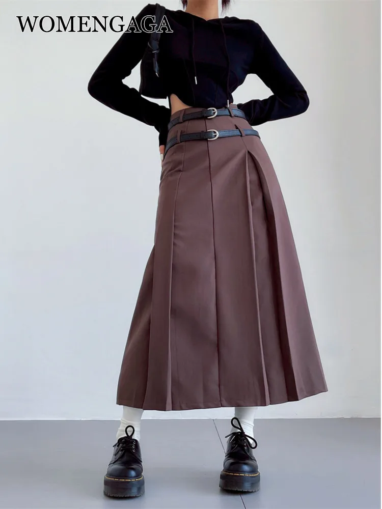 

WOMENGAGA Grey Suit Pleated Long Skirt Women Autumn Winter High Waist Slim Long Skirt Fashion Korean Women Blet PD06