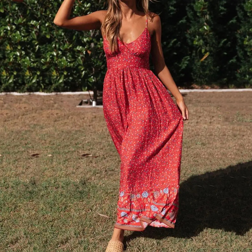 

Summer Sling Dress V-Neck Slim Waist Tight Large Hem Bohemian Floral Print Comfortable Women Long Dress Ladies Clothing 2022