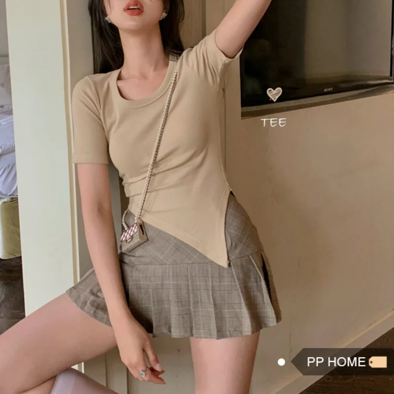 

Women Simple Irregular Split Round Neck Short Sleeve T-shirts 2023 Summer Slim Solid Color All-match Sexy Tops Female Streetwear