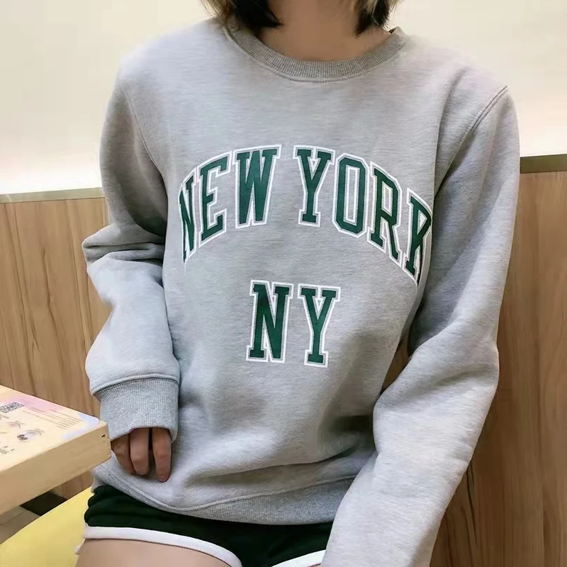 

NEW YORK Green Letter Print American Vintage Gray Loose Sweatshirt Women Long Sleeve Spring Winter Streetwear Hoodies for Teens