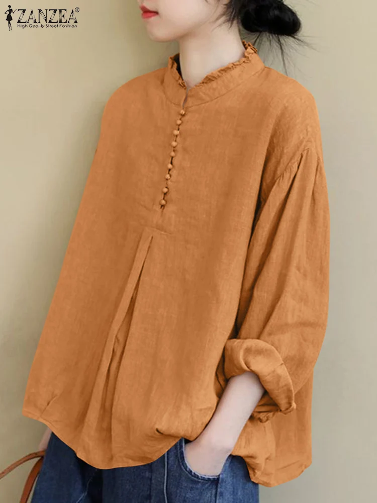 

Vintage Tunic Tops Women Autumn Long Sleeve Solid Cotton Blouse ZANZEA Fashion Casual Loose Shirt Female Work Blusas Chemise