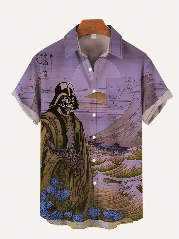 Casual Fashion Men's Summer Shirt Ukiyo-e Retro Masked Samurai Landscape Painting Digital Print Short Sleeve