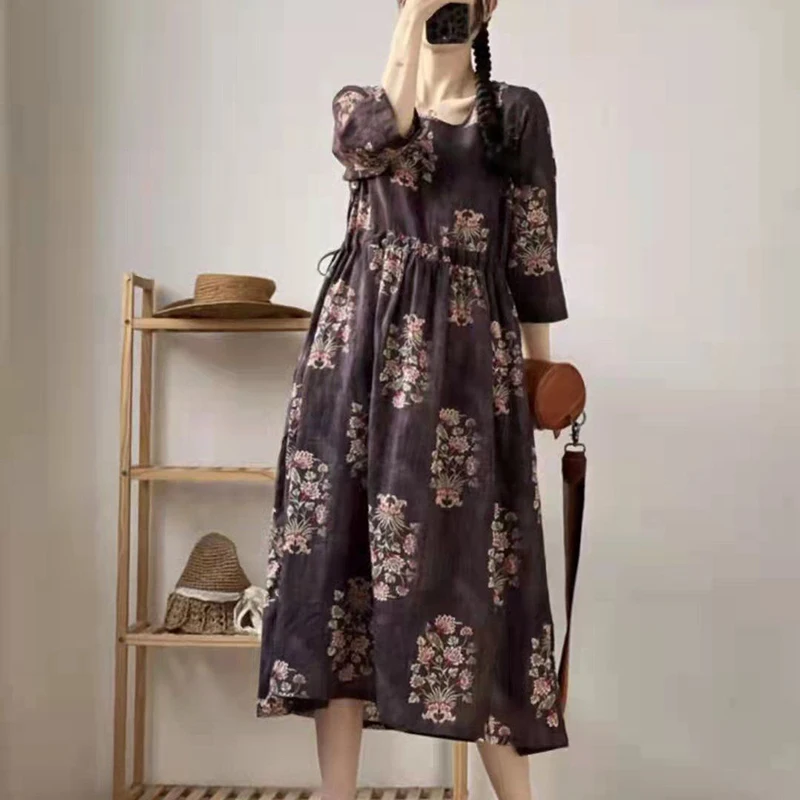 

Spring Summer Arts Style Women 3/4 Sleeve Loose Long Dress Vintage Print Cotton Linen O-neck A-line Dresses Female Vestidos C196