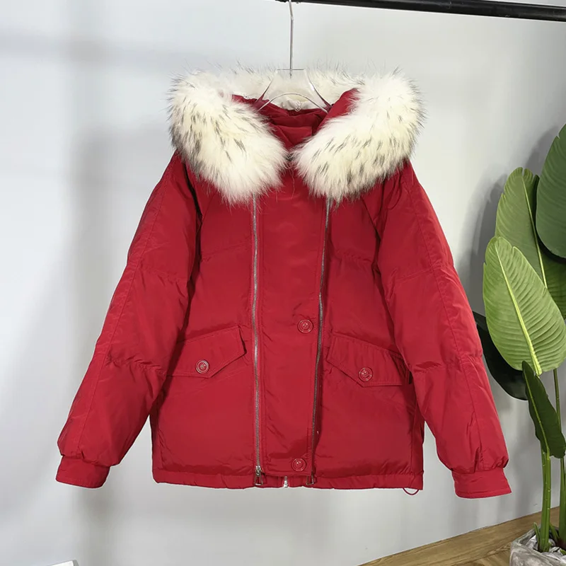 2022 Winter New Down Jacket Women's Short Korean Version Big Fur Collar Fashion Loose Thick Warm White Duck Down Coats Female