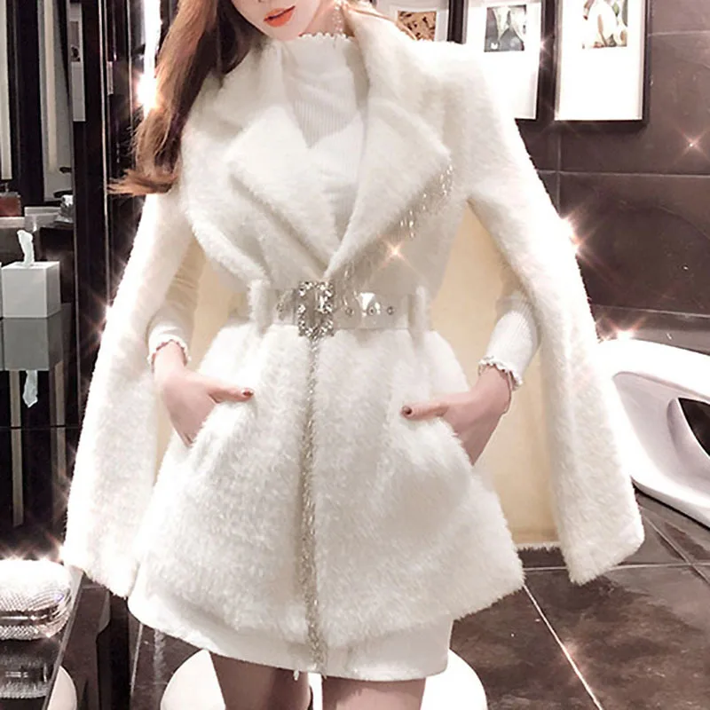 Thick Warm Long Coat Women Autumn Winter Cape Cloak Coat Woman Elegant Luxurious Mink Fringed Beaded Cloak Jacket White Hot Sale