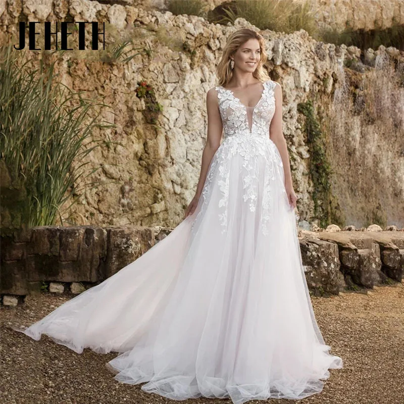 

JEHETH Classical V-neck A Line Wedding Dresses 2023 Sexy Lace Applique Backless Button Bridal Gown Sleeveless Custom Made