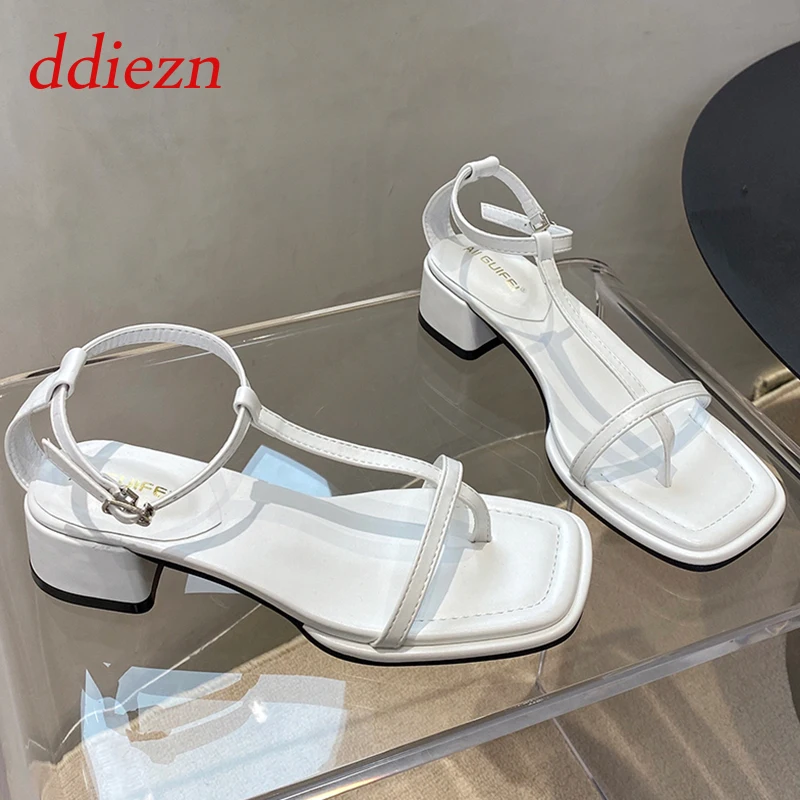 

Women Medium Heels Sandals Summer Fashion Female Footwear Shallow Square Toe Buckle Flip Flops Sandals Casual Ladies Shoes