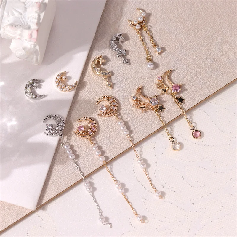 

10pcs Multi Starmoon Series Nail Art Charms 3D Glitter Gold Silver Dangle Tassel Nail Decorations Luxury Zircon Nail Rhinestones