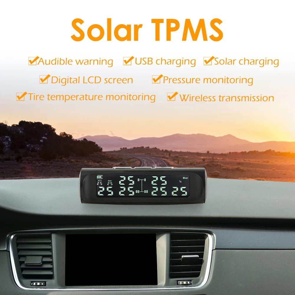 

LCD Display Tire Tyre Pressure Monitoring Alarm System AN-07 Solar Truck TPMS Monitor External Pressure Sensor