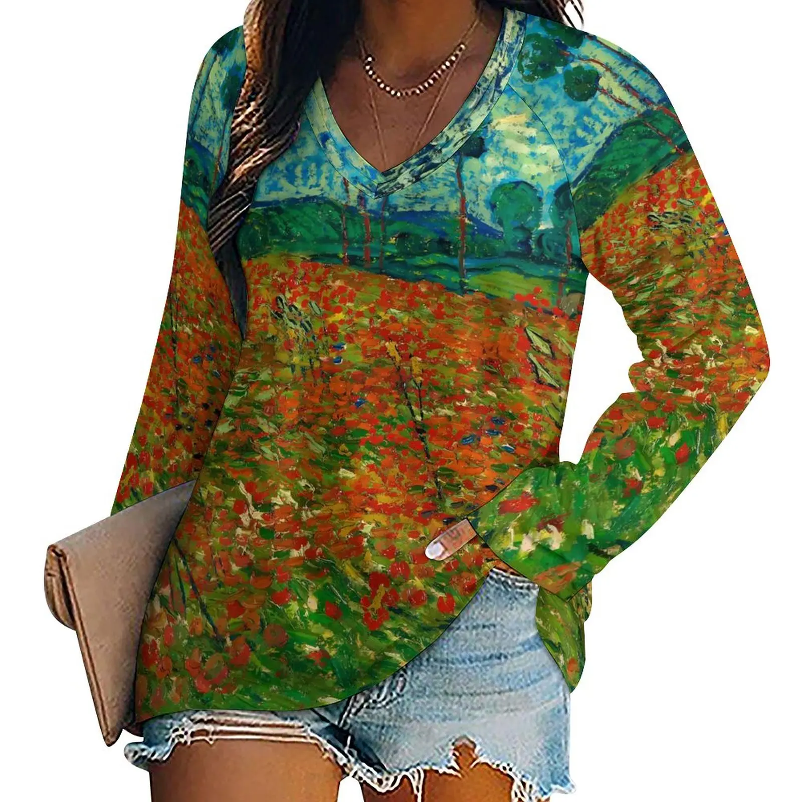 

Vincent Van Gogh T-Shirt Poppy Field Funny Long Sleeve T Shirts Women V Neck Casual Loose Tee Shirt Big Size Graphic Tops