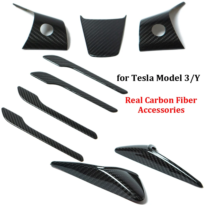 Real Carbon Fiber Car Accessories For Tesla Model 3 Y 2023 Side Camera Protection Cover Door Handle Steering Wheel Sticker