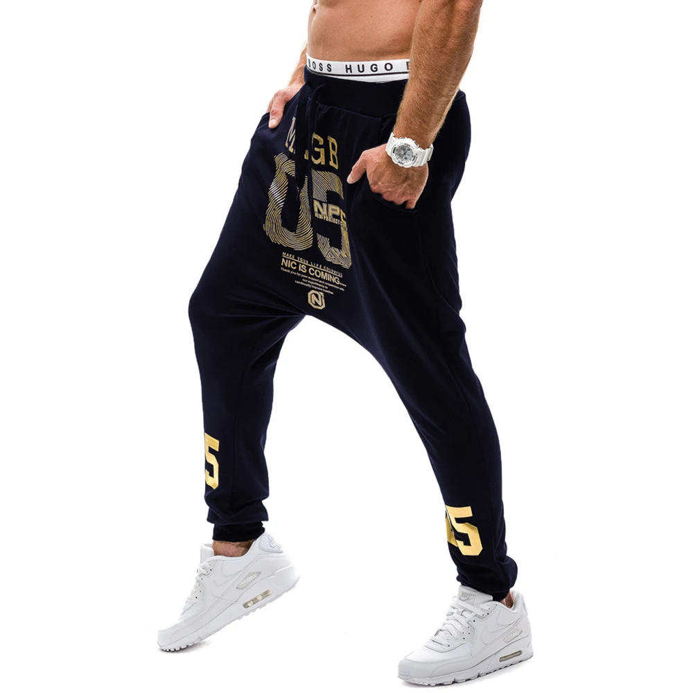 NEW 2022 Spring Autumn Casual Low Crotch Hip Hop Beam Foot Leg Pants Streetwear Street Dance Gold Number Printed Trousers Men