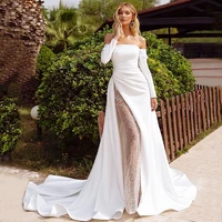 fashion boat neck long sleeves wedding dress 2022 boho backless pearls bridal gown off shoulder with train robe de mariee