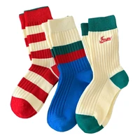 3 pair korean style wome socks stripe splicing thick winter long socks cotton cycling middle tube vintage foot chaussette femme