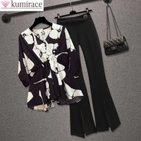 2022 summer new slim and elegant womens pants set stitched chiffon shirt top wide leg trousers two piece set female tracksuit