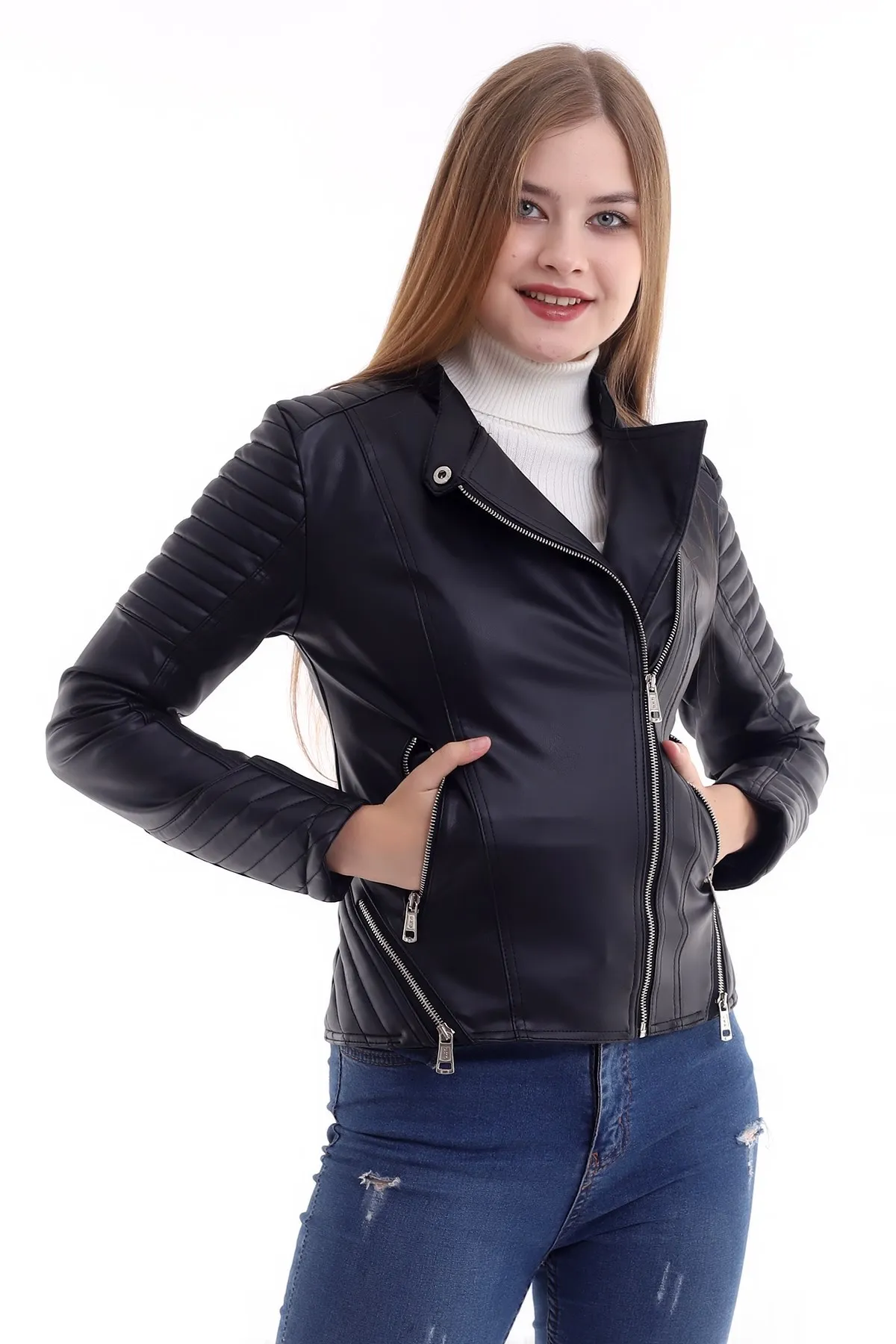 Enlarge Side Zipper Women 'S Leather Jacket Coat Black CRB7504S