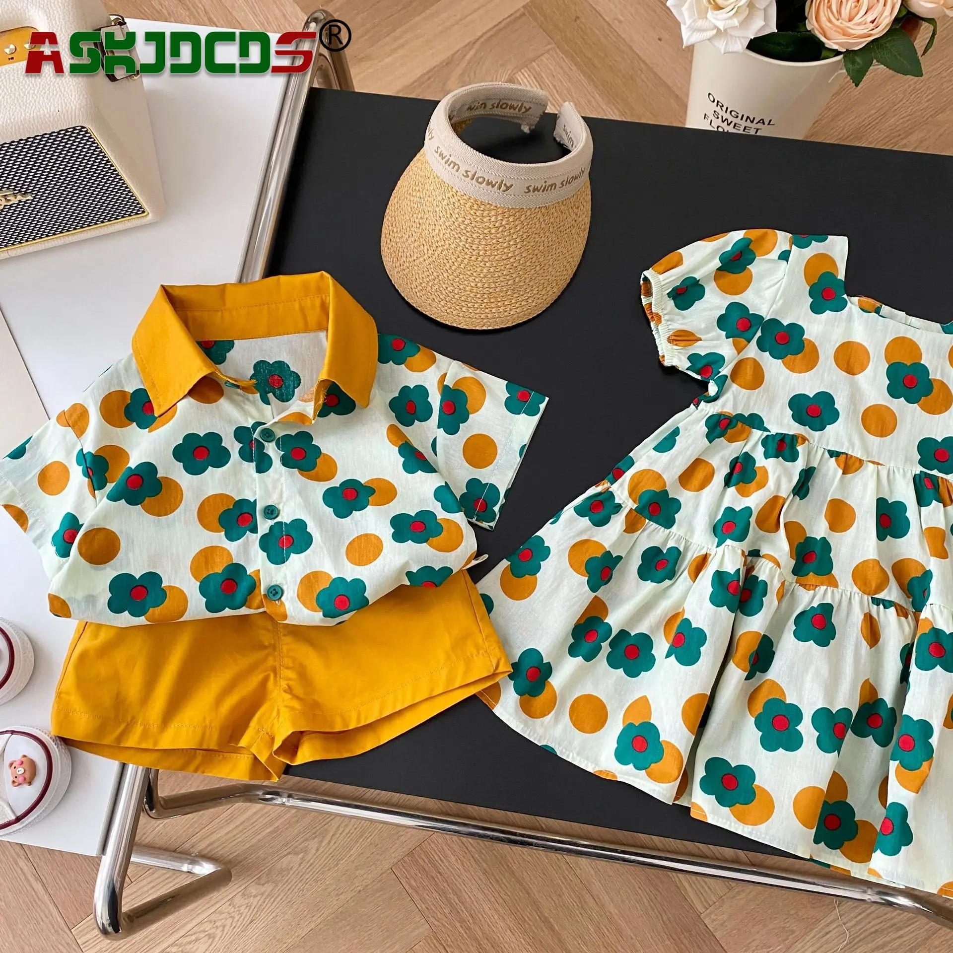 

Платья для брата и меня, однобортная рубашка и однотонные шорты, одежда для детей, девочек, с коротким рукавом и цветком, длиной до колена