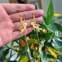 cute boho gold color fairy tale wings crystal quartz drop dangle earrings for women girl gift fringe charm jewelry accessories