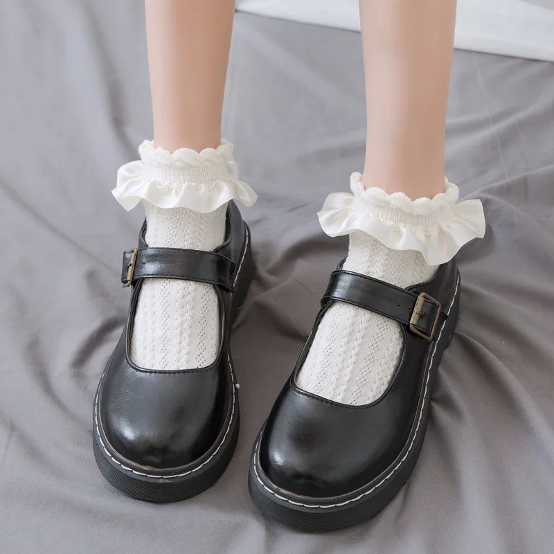 

Women Socks Lolita Style Japanese Kawaii Cute Frilly Ruffle Socks Solid White Black Mesh Lace Girls Sweet Harajuku Short Socks