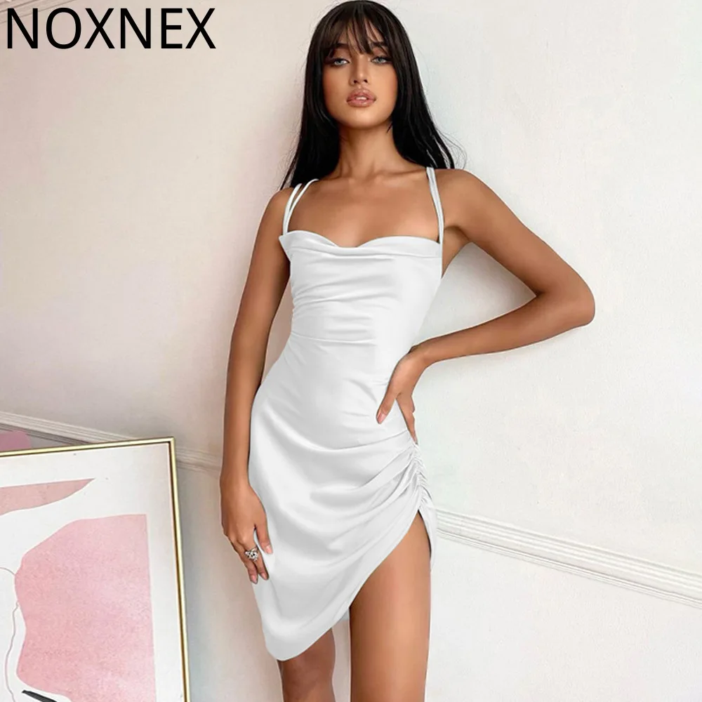 

NOXNEX Women Dress Sexy Backless Stretch Spaghetti Satin Deep Solid Party Dress Casual Elegant Bandage Club Dress Satin S-XXXL