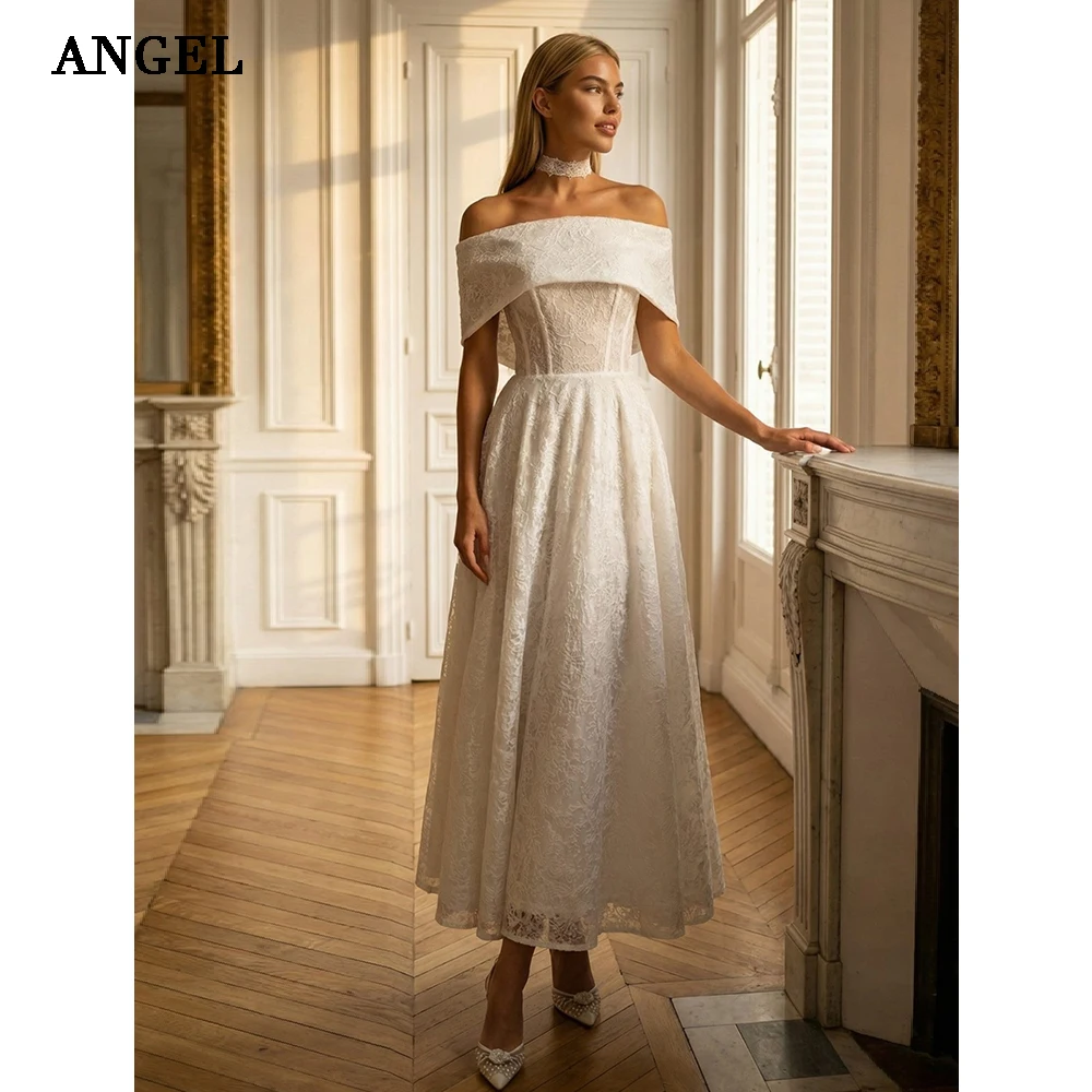 Фото Свадебные платья ANGEL Lace Midi 2026: Элегантное свадебное платье А-силуэта цвета слоновой кости с открытыми плечами, сексуальное, на заказ №3
