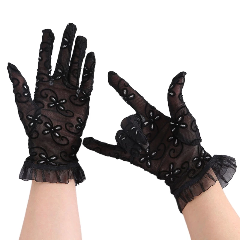 

28TF Elegant Women Ultra-Thin Short Summer Driving Cycling Black Sunscreen Gloves Female Anti-UV Rhinestone Lace Gloves