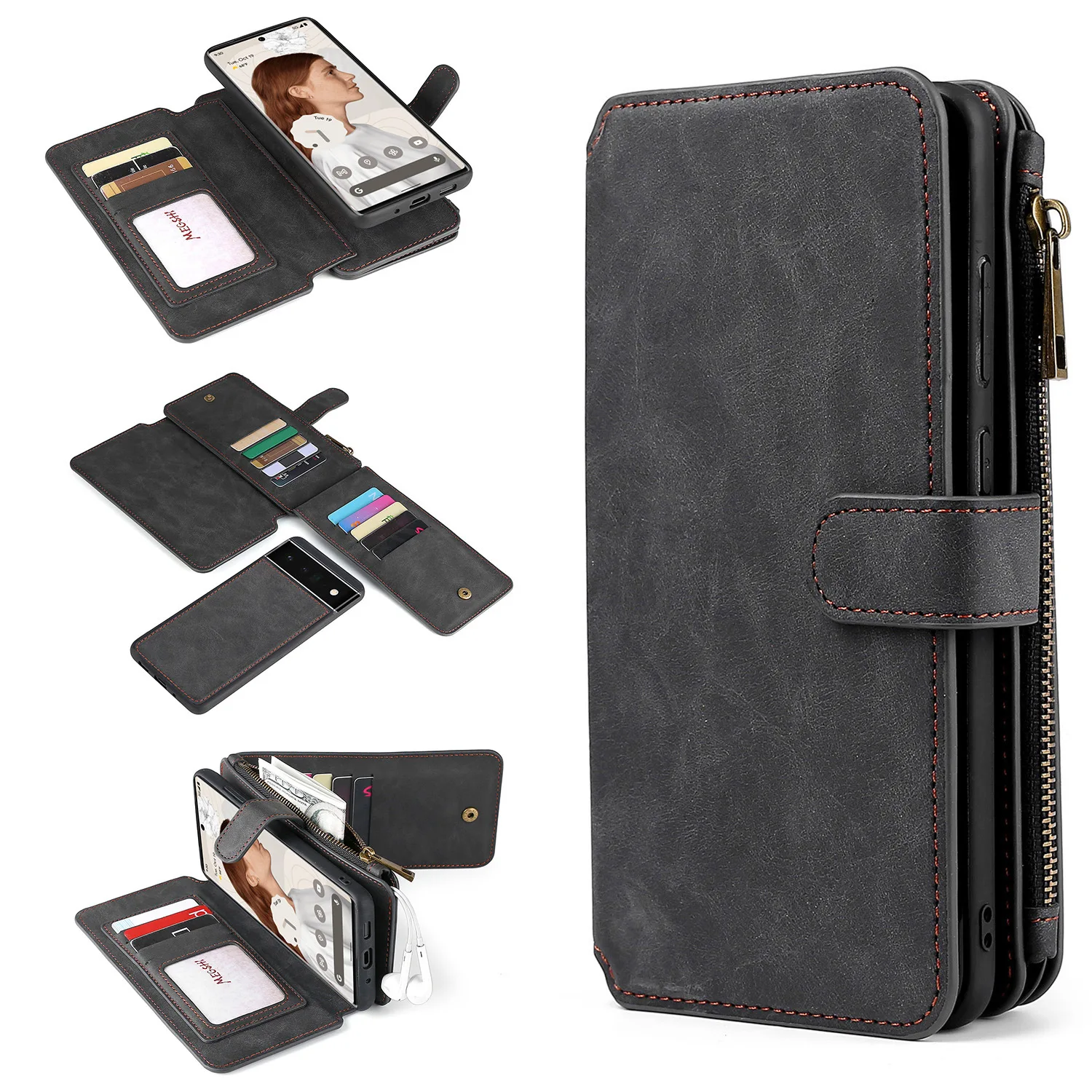 Megshi Detachable Flip Leather Phone Cases For Google Pixl 7 6 6a Pixl7 Pro Xl Business Wallet Phone Cover Case Bag
