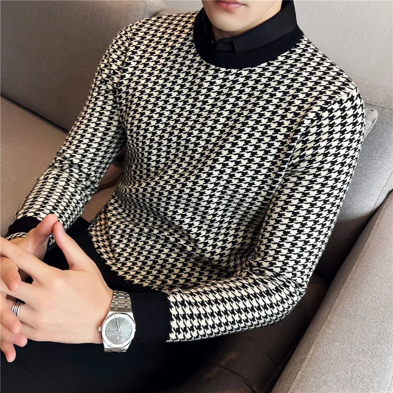 Korean Style Fake 2 Pieces Shirt Collar Casual Knit Sweater Male Slim Fit Fashion Plaid Pullover Man High Quality Sweater S-4XL