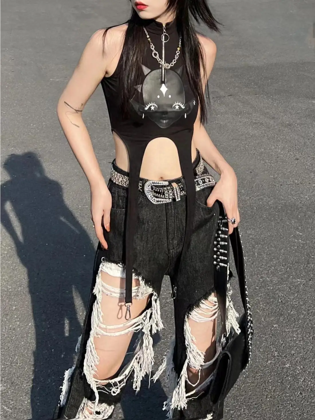 New All-Match Y2k Distressed Women Broken Hole Jeans High Street Hip Hop High Waist Straight Loose Trousers Washed Mopping Pants