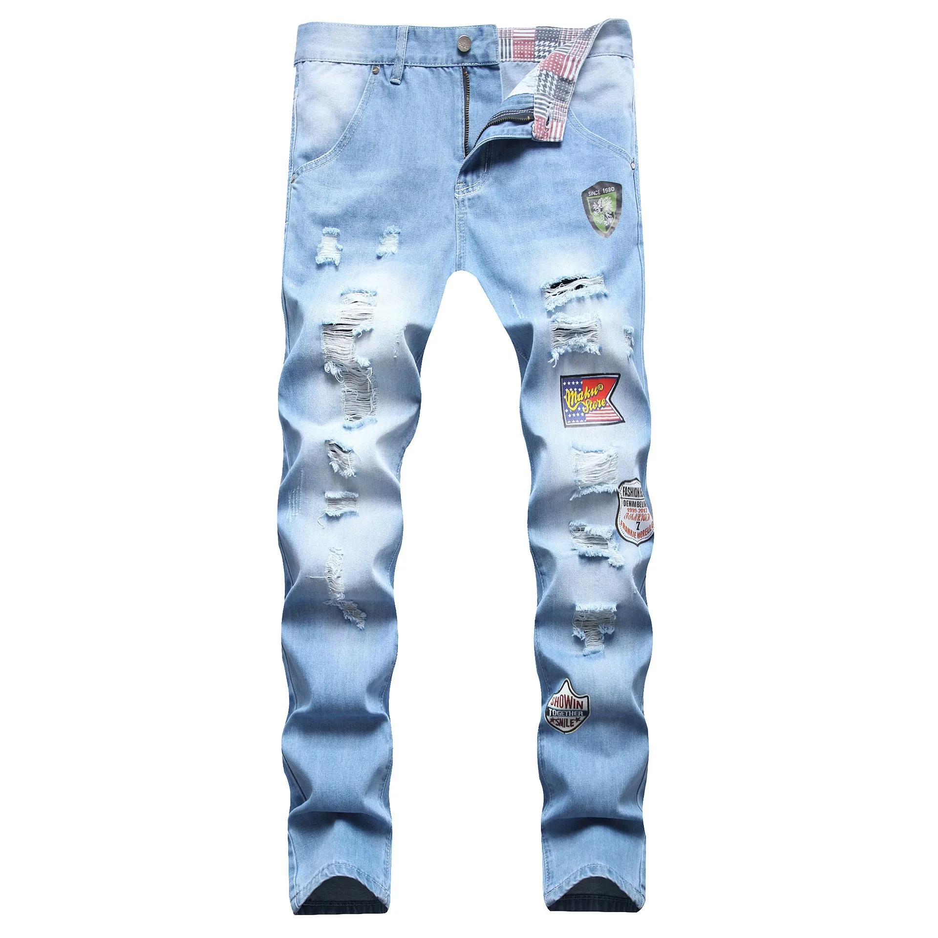Fashion Streetwear Men Ripped Jeans Casual Britain Style Male Denim Pants Mens Brand Classic Stretch Slim Pencil Trouser Blue