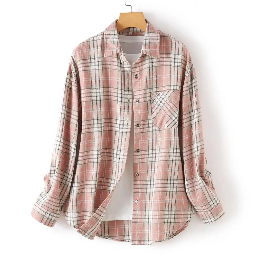

Charming Ladies Blouse Turn Down Collar Fine Sewing Crafts Shrink Resistant Trendy Classic Plaid Printing Lady Shirt