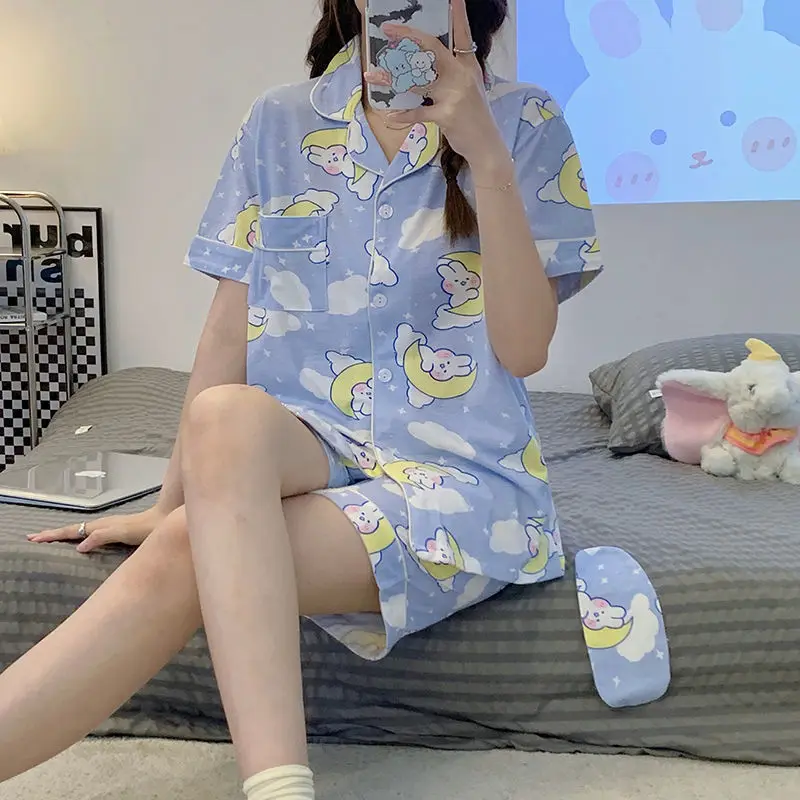 

Летняя Пижама с коротким рукавом и мультяшным изображением медведя, кролика, японской Девушки, милый мультяшный студенческий костюм, милая ...