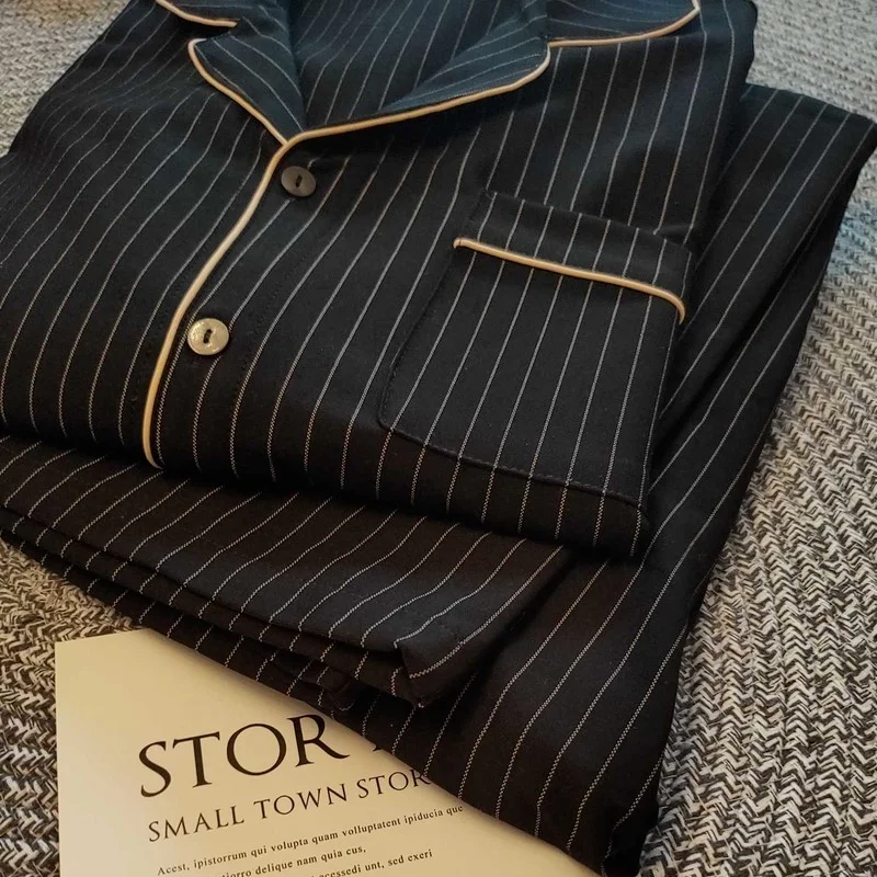 QWEEK Striped Pajama Set Women Autumn Brief Set Two Piece Pijama Sleepwear Winter Pyjamas Couple Bedroom Loungewear Home Clothes