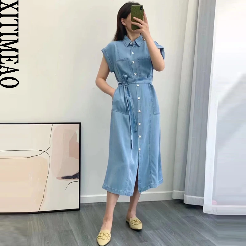 

Xitimeao Women Fashion With Belt Denim Mini Dress Vintage Short Sleeve Front Buttons Female Dresses Vestidos Mujer