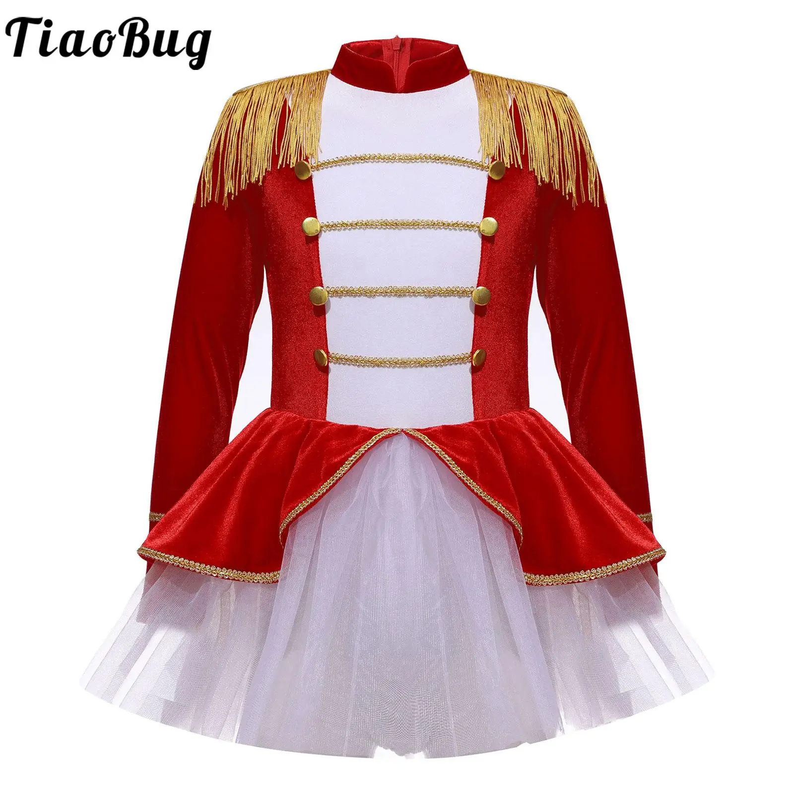 

Kids Girls Halloween Christmas Circus Costume Carnival Theme Party Ringmaster Cosplay Long Sleeve Tassel Mesh Tutu Leotard Dress