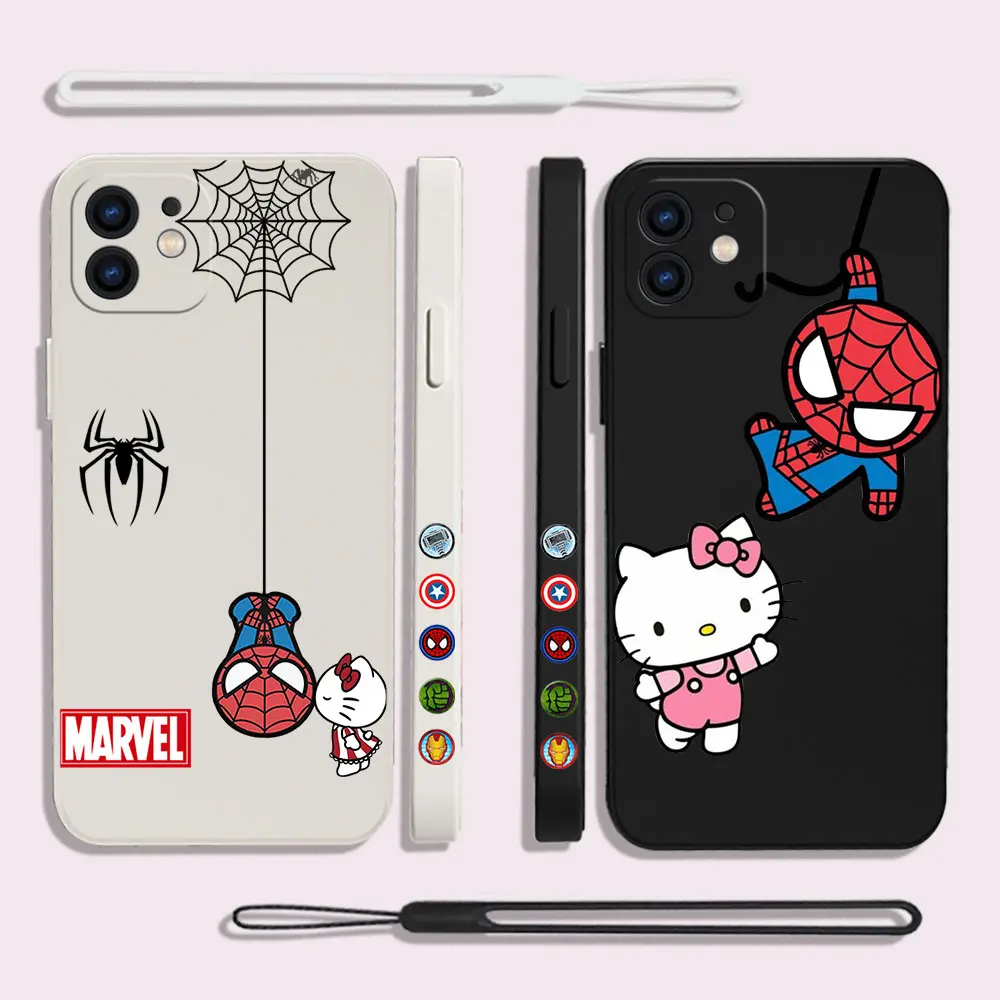 Spidermans Hello Kitty Phone Case For iPhone 14 13 12 11 Pro Max Mini X XR XS MAX Plus 6 6S Plus Silicone Cases with Hand Strap