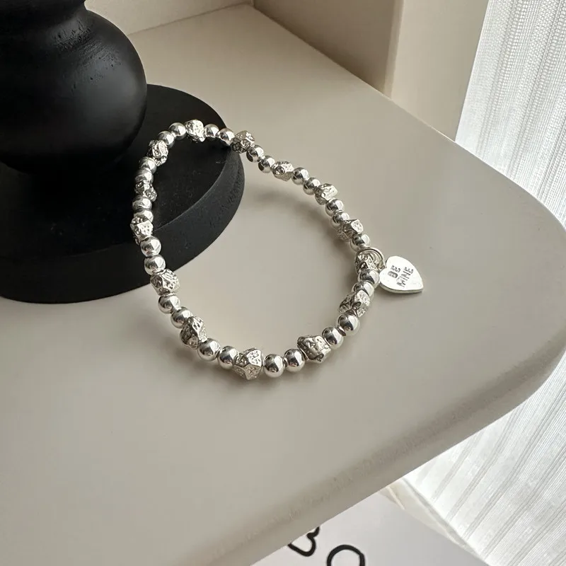 

S925 Sterling Silver Geometric Diamond Crushed Silver Bracelet Texture Bead Stretch Bracelet Ins Niche Design Bracelet