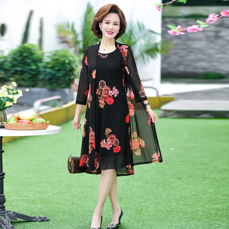 

5XL Women Dress Vestidos 2022 New Spring Vintage Long Dresses Middle-aged Women's Dress Suit Elegant Female 2 Piece Set E213